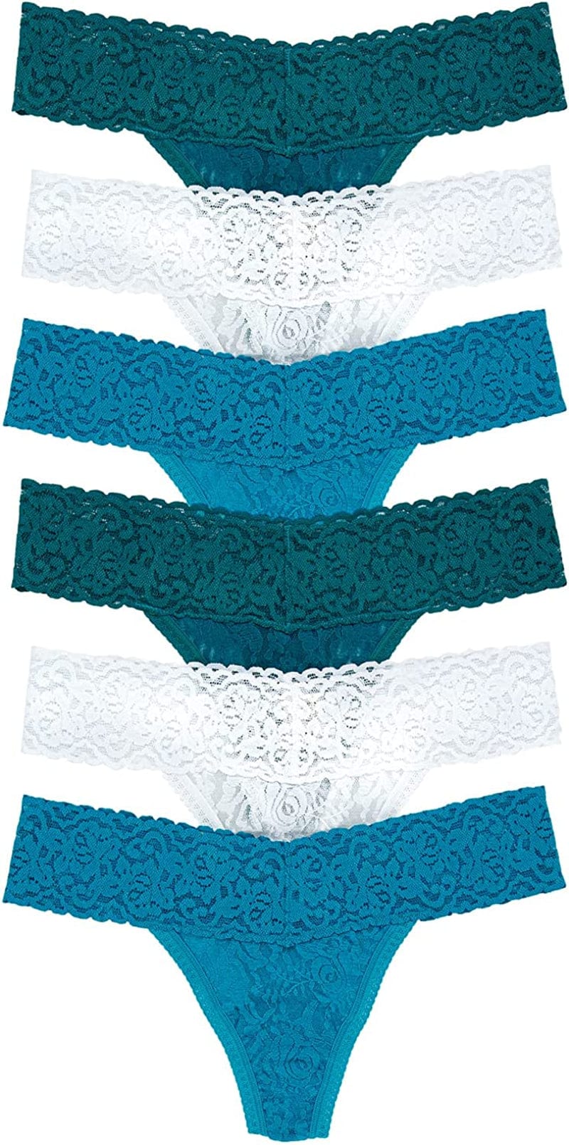 Felina Stretchy Lace Low Rise Thong - Sexy Underwear for Women, Thongs for Women, Seamless Panties for Women (6-Pack) Harbor Breeze / Medium-Large