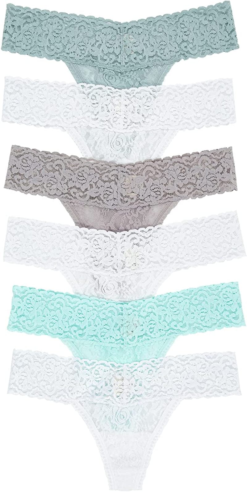 Felina Stretchy Lace Low Rise Thong - Sexy Underwear for Women, Thongs for Women, Seamless Panties for Women (6-Pack) Light Mist / Large-X-Large
