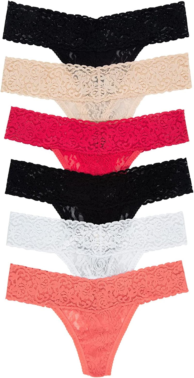 Felina Stretchy Lace Low Rise Thong - Sexy Underwear for Women, Thongs for Women, Seamless Panties for Women (6-Pack) Pop of Red / Medium-Large