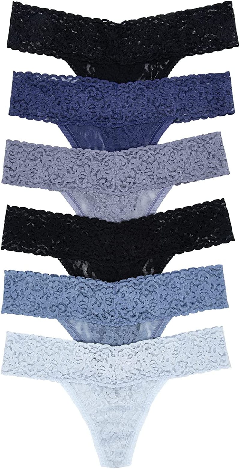 Felina Stretchy Lace Low Rise Thong - Sexy Underwear for Women, Thongs for Women, Seamless Panties for Women (6-Pack) Denim Blues / Medium-Large