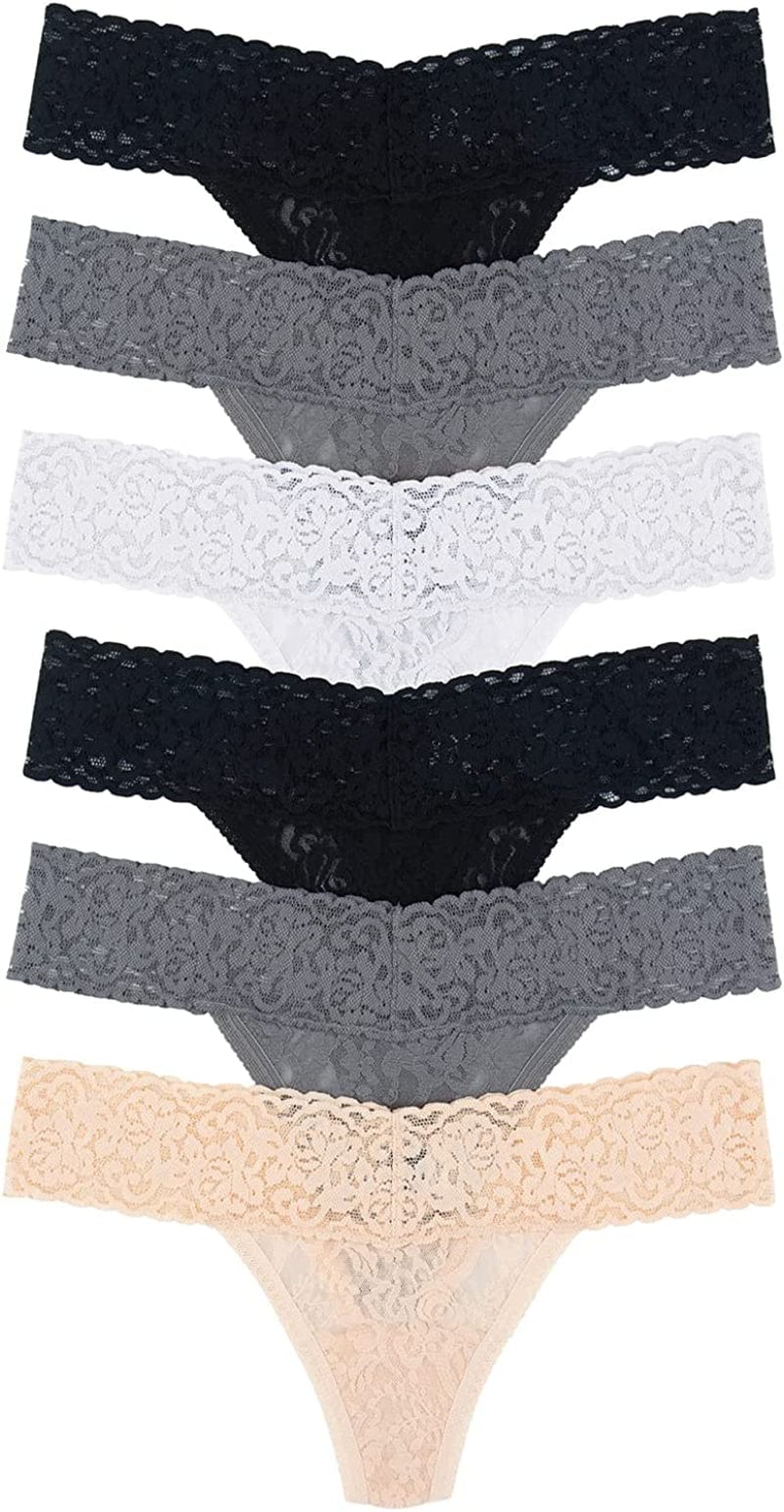 Felina Stretchy Lace Low Rise Thong - Sexy Underwear for Women, Thongs for Women, Seamless Panties for Women (6-Pack) Black to Basics / Medium-Large