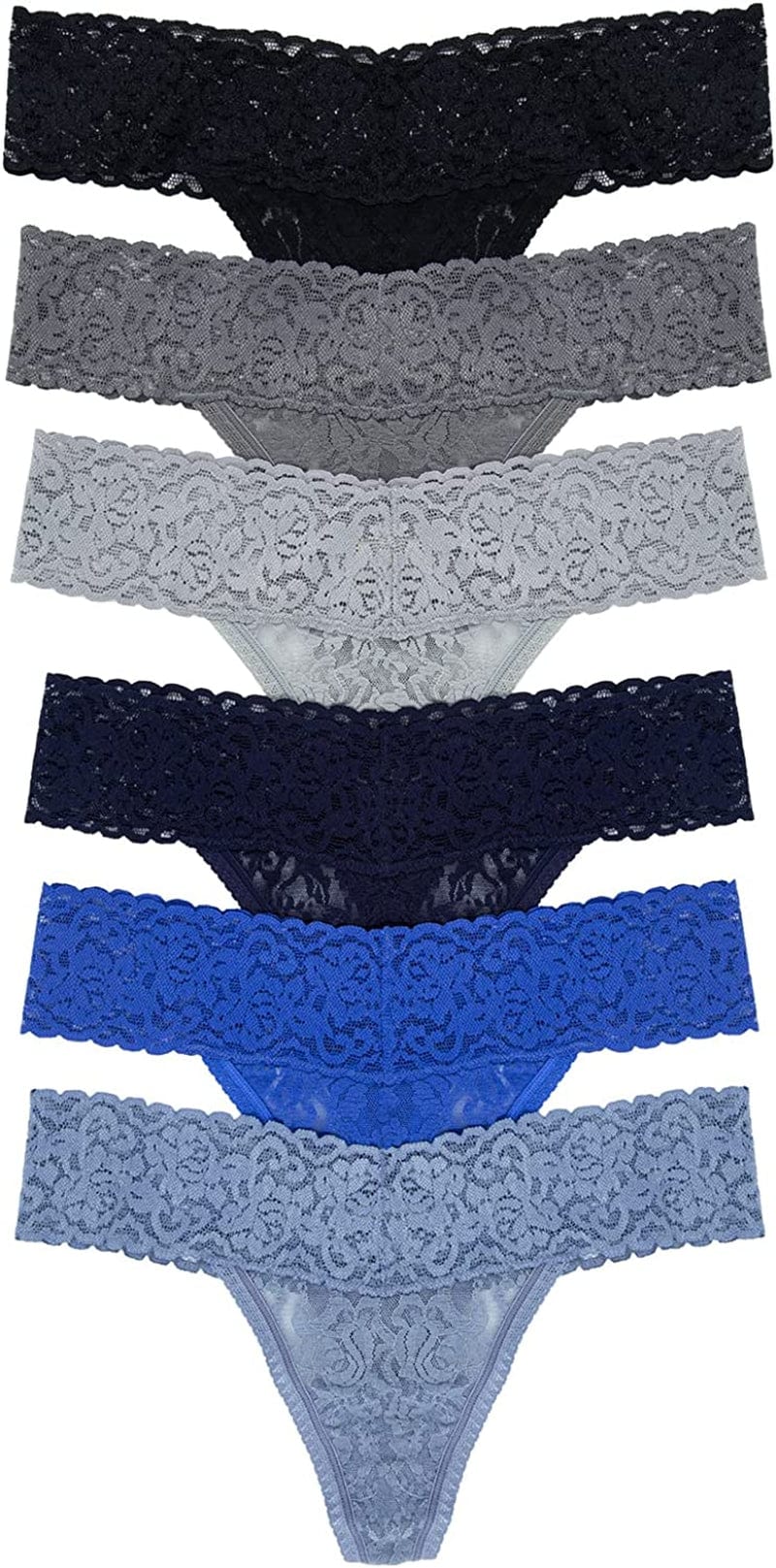 Felina Stretchy Lace Low Rise Thong - Sexy Underwear for Women, Thongs for Women, Seamless Panties for Women (6-Pack) Dazzling Blue Basics / Large-X-Large