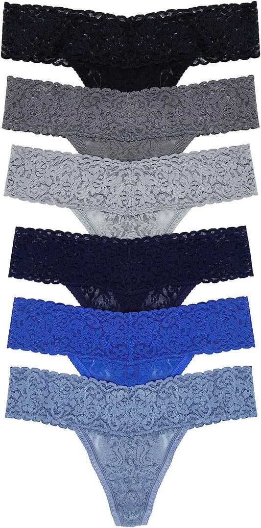 Felina Stretchy Lace Low Rise Thong - Sexy Underwear for Women, Thongs for Women, Seamless Panties for Women (6-Pack) Dazzling Blue Basics / Medium-Large