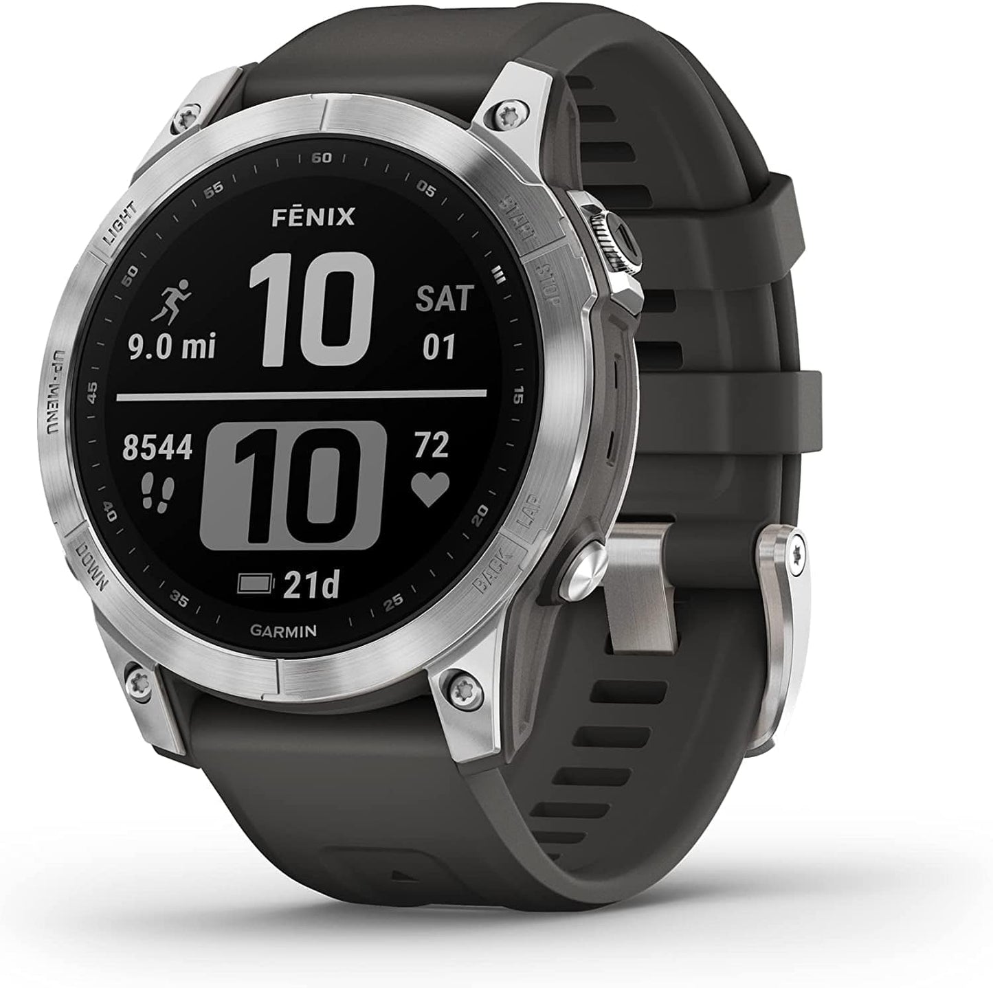 Fenix 7S Solar, Smaller Sized Adventure Smartwatch, with Solar Charging Capabilities, Rugged Outdoor Watch with GPS, Touchscreen, Health and Wellness Features, Slate Gray with Black Band Silver w/ Graphite Band / 7 / Smartwatch