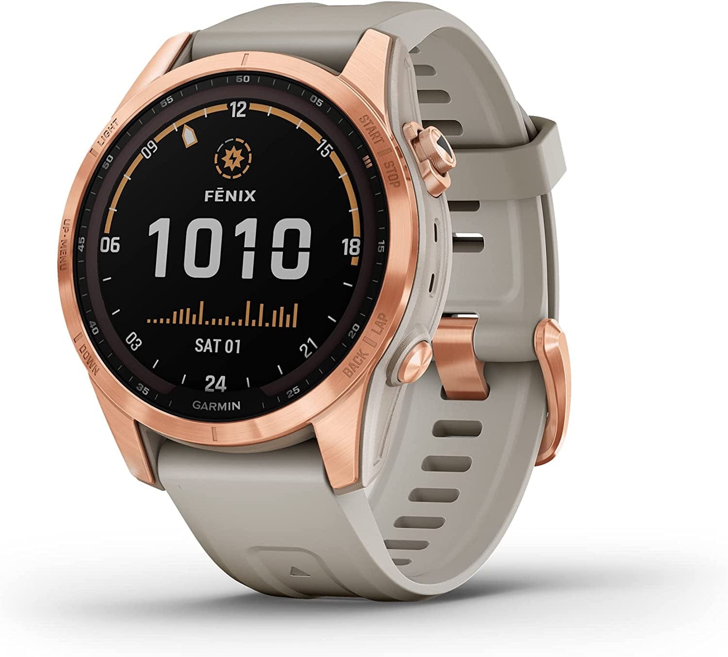 Fenix 7S Solar, Smaller Sized Adventure Smartwatch, with Solar Charging Capabilities, Rugged Outdoor Watch with GPS, Touchscreen, Health and Wellness Features, Slate Gray with Black Band Rose Gold with Light Sand Band / 7S Solar / Smartwatch