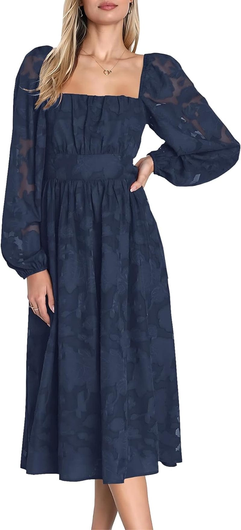 Ferlema Women'S 2023 Fall Dresses Floral Lace Long Sleeve Elastic High Waist a Line Flowy Party Midi Dress Navy Blue / Large