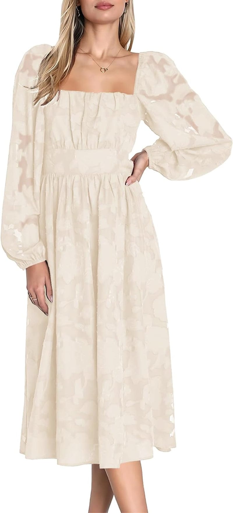 Ferlema Women'S 2023 Fall Dresses Floral Lace Long Sleeve Elastic High Waist a Line Flowy Party Midi Dress Apricot / Small