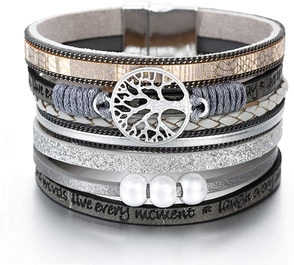 Fesciory Leather Wrap Bracelet for Women, Leopard Multi-Layer Magnetic Buckle Cuff Bracelet Jewelry Apparel & Accessories > Jewelry > Bracelets Fesciory B25-Tree of Life(Grey)