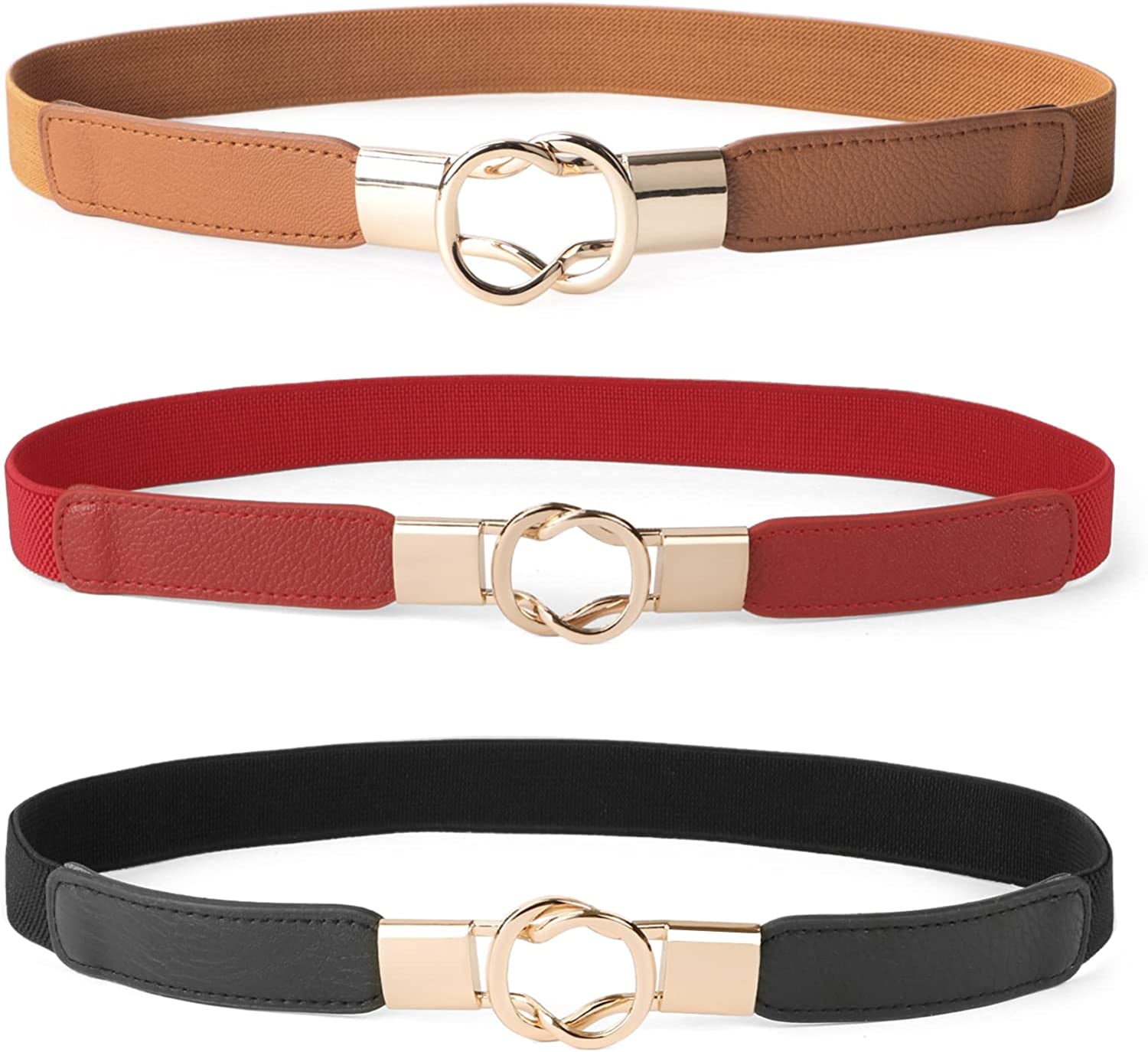 JASGOOD 2 Pack 3 Pack Women Retro Elastic Stretchy Metal Buckle Skinny Waist Belt 1 Inch Wide Apparel & Accessories > Clothing Accessories > Belts KYLIE MAX G-black+brown+red FIts Waist 31"-34"