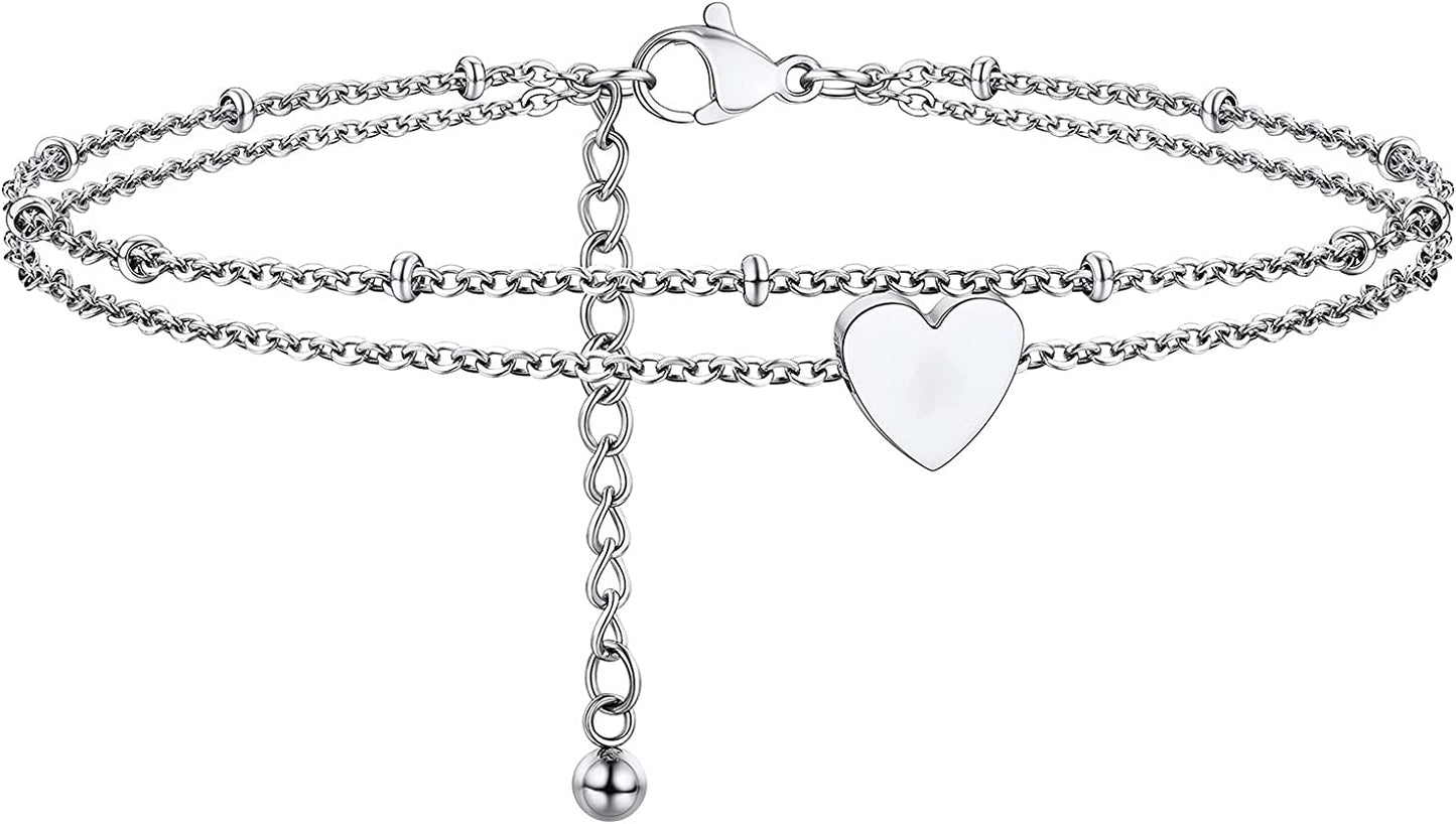 PROSTEEL Stainless Steel Chain Anklets for Men Women, Silver/Gold Tone, Ankle Bracelets Hypoallergenic, 8-10.5 Inch Adjustable, Come Gift Box Apparel & Accessories > Jewelry > Anklets Prosteel Jewelry E: silver-heart layered