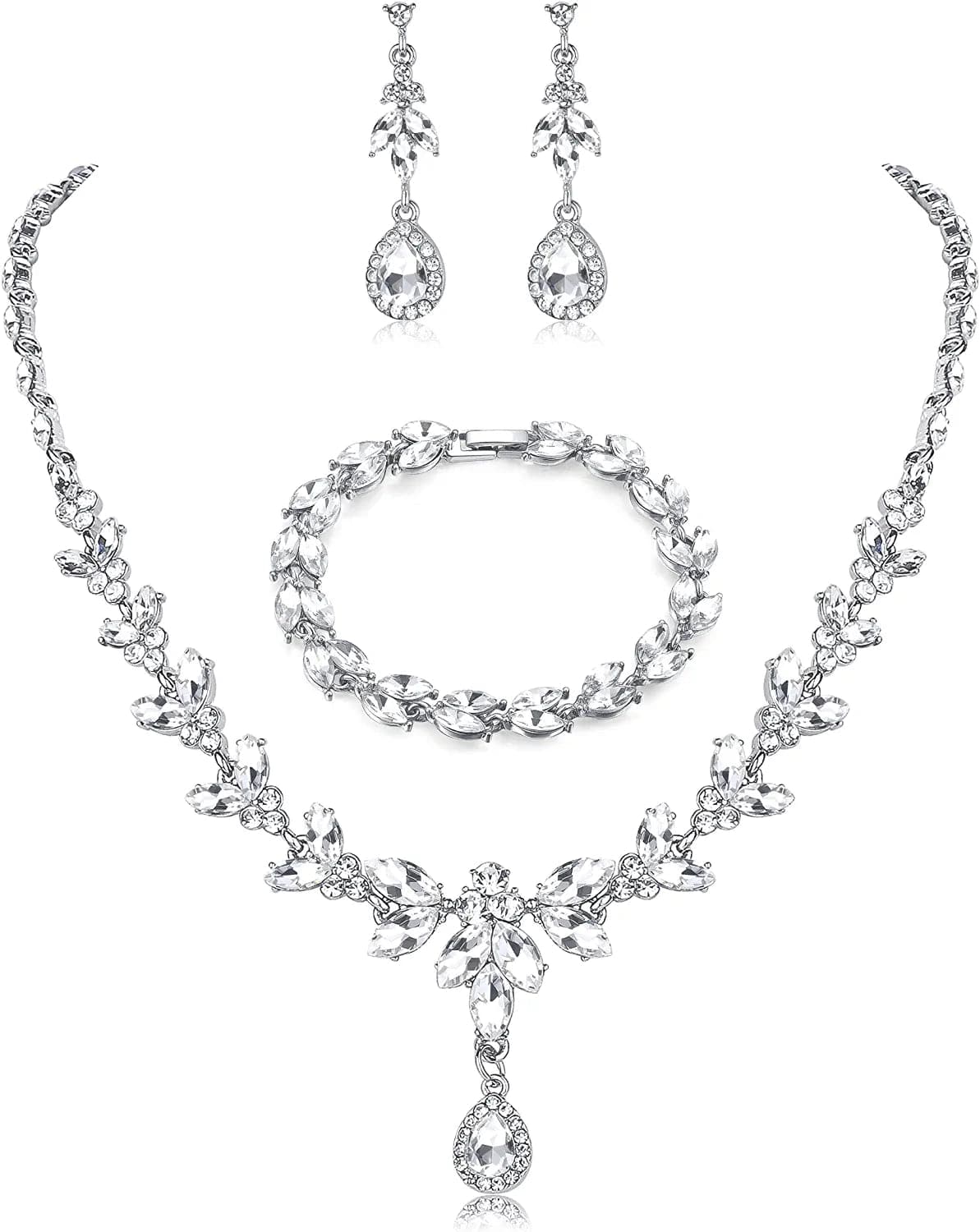 FIASASO Necklace Dangle Earrings Bracelet Set for Women Bride Bridesmaid Crystal Bridal Jewelry Set for Wedding Engagement Party Prom Jewelry Set White