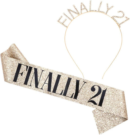 "Finally 21" Sash & Rhinestone Headband Set - 21St Birthday Gifts Birthday Sash for Women Birthday Party Supplies (Gold Glitter/Black) Apparel & Accessories > Clothing Accessories > Sashes ADBetty