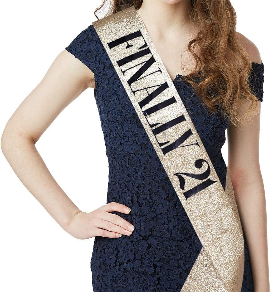 "Finally 21" Sash & Rhinestone Headband Set - 21St Birthday Gifts Birthday Sash for Women Birthday Party Supplies (Gold Glitter/Black) Apparel & Accessories > Clothing Accessories > Sashes ADBetty