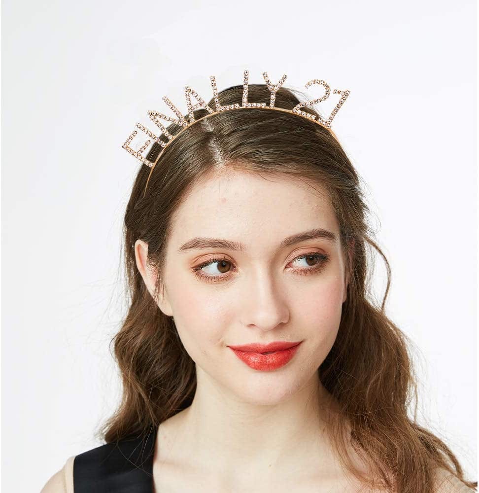 "Finally 21" Sash & Rhinestone Headband Set - 21St Birthday Gifts Birthday Sash for Women Birthday Party Supplies (Gold Glitter/Black) Apparel & Accessories > Clothing Accessories > Sashes ADBetty