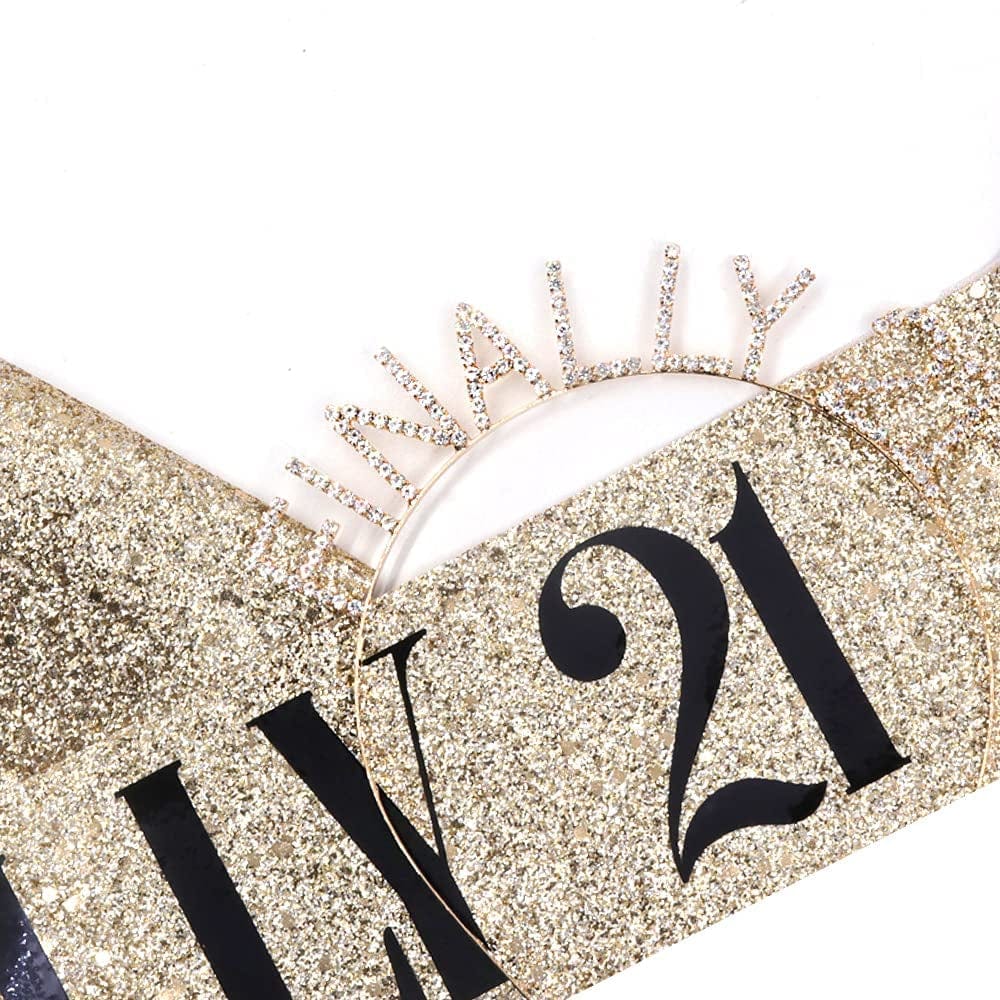 "Finally 21" Sash & Rhinestone Headband Set - 21St Birthday Gifts Birthday Sash for Women Birthday Party Supplies (Gold Glitter/Black) Apparel & Accessories > Clothing Accessories > Sashes ADBetty