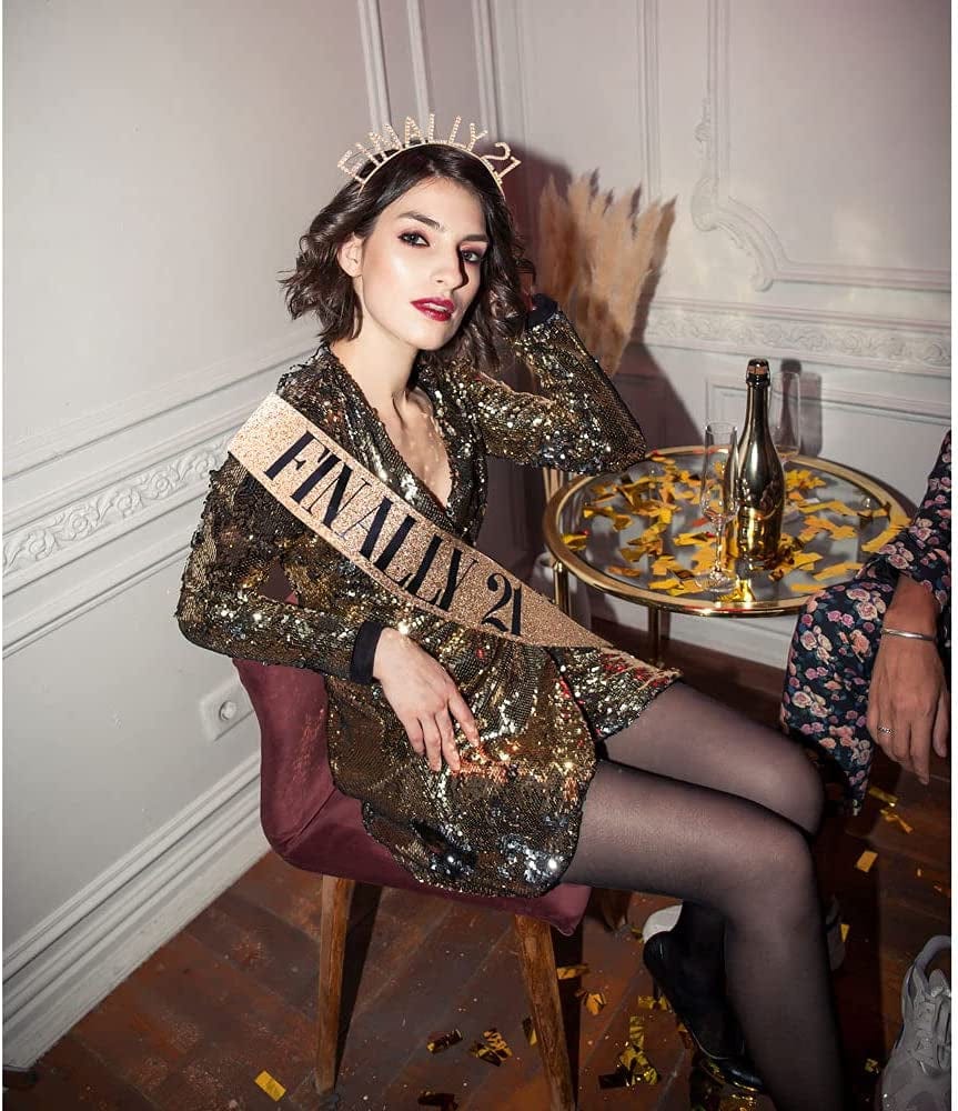 "Finally 21" Sash & Rhinestone Headband Set - 21St Birthday Gifts Birthday Sash for Women Birthday Party Supplies (Gold Glitter/Black) Apparel & Accessories > Clothing Accessories > Sashes ADBetty