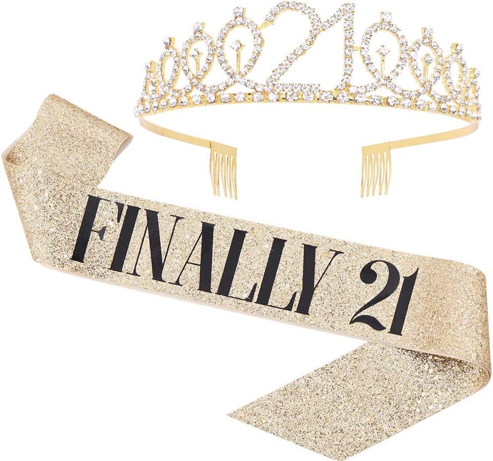 "Finally 21" Sash & Rhinestone Tiara Set - 21St Birthday Gifts Birthday Sash for Women Fun Party Favors Birthday Party Supplies (Gold Glitter with Black Lettering) Apparel & Accessories > Clothing Accessories > Sashes ADBetty