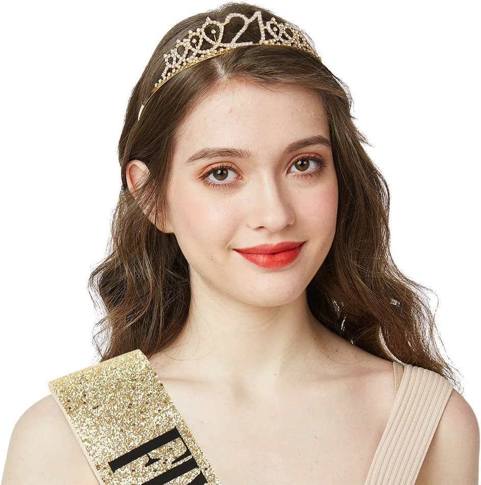 "Finally 21" Sash & Rhinestone Tiara Set - 21St Birthday Gifts Birthday Sash for Women Fun Party Favors Birthday Party Supplies (Gold Glitter with Black Lettering) Apparel & Accessories > Clothing Accessories > Sashes ADBetty