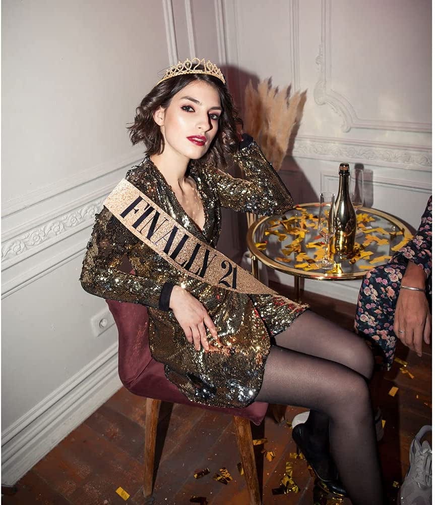 "Finally 21" Sash & Rhinestone Tiara Set - 21St Birthday Gifts Birthday Sash for Women Fun Party Favors Birthday Party Supplies (Gold Glitter with Black Lettering) Apparel & Accessories > Clothing Accessories > Sashes ADBetty