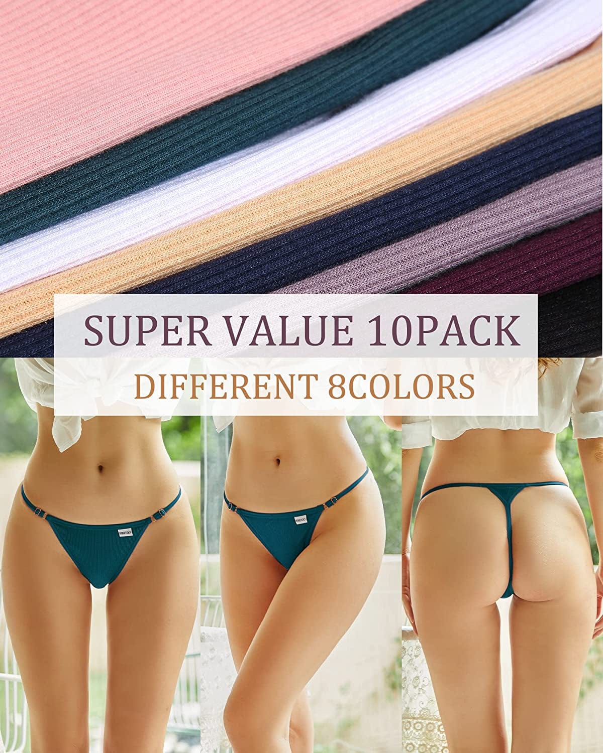 FINETOO 10 Pack Adjustable G String Thongs for Women Sexy Underwear Low Rise Womens Thong Cotton Panties for Ladies S-XL