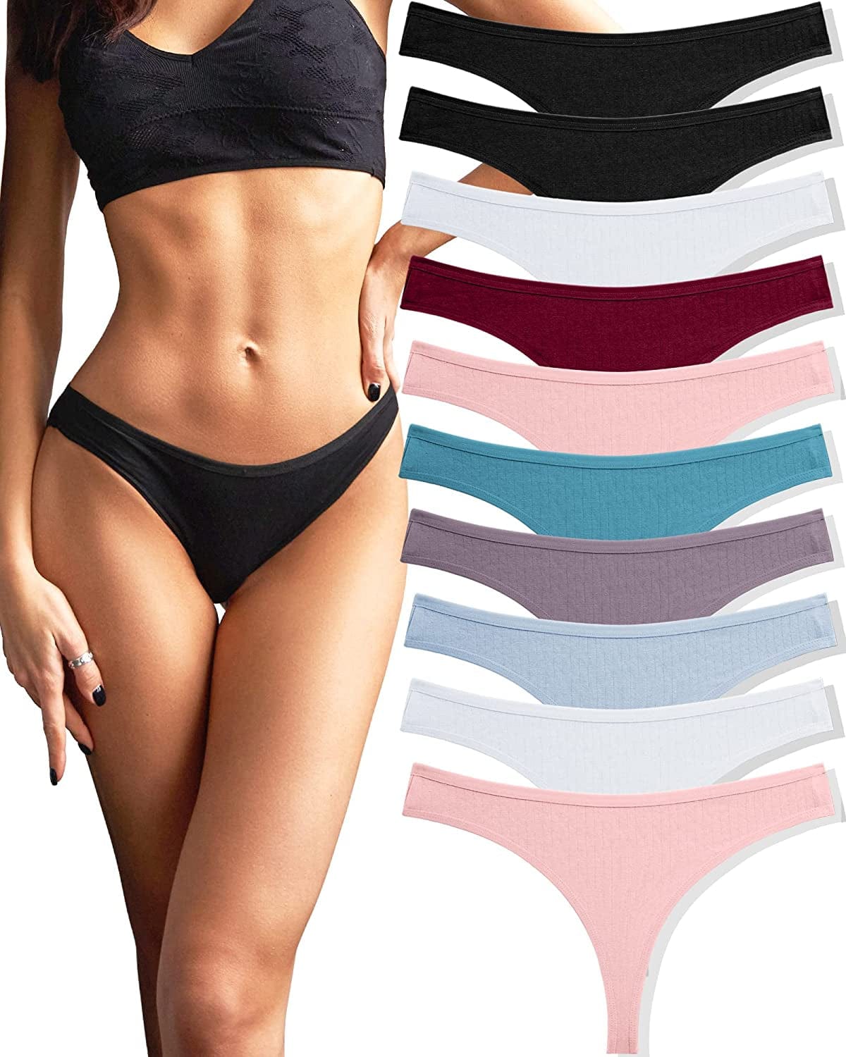 FINETOO 10 Pack Cotton Thongs for Women Breathable Low Rise Bikini Lady Panties Womens Underwear Sexy S-XL Set2-10pack / X-Large