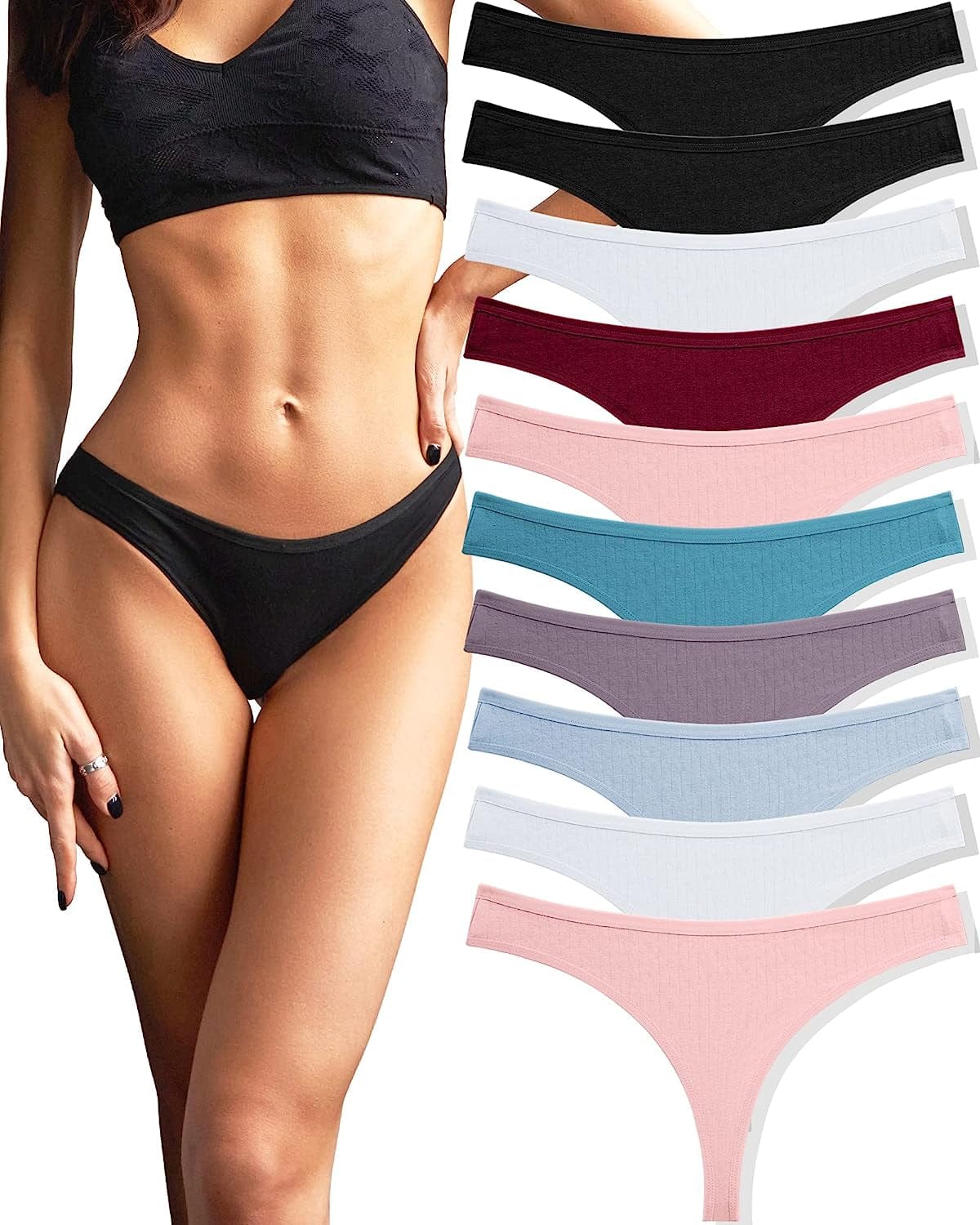 FINETOO 10 Pack Cotton Thongs for Women Breathable Low Rise Bikini Lady Panties Womens Underwear Sexy S-XL Set2-10pack / Medium
