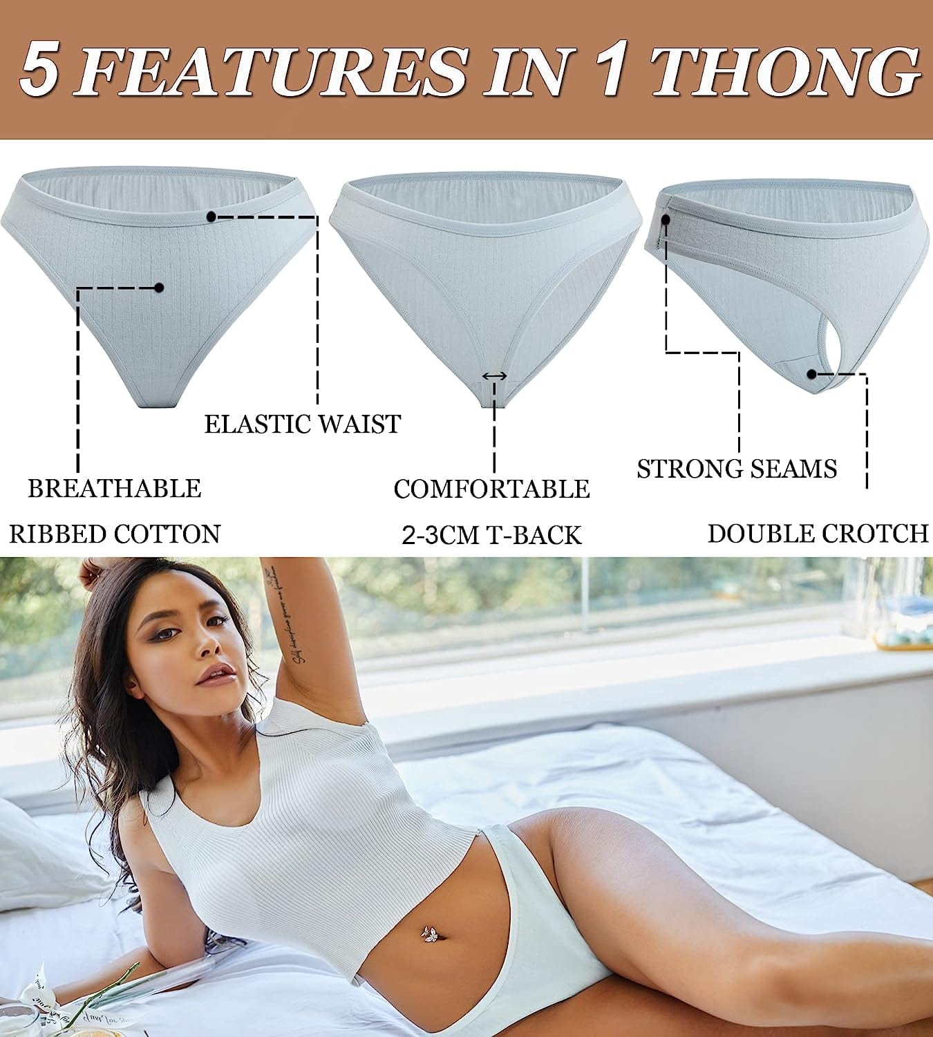 FINETOO 10 Pack Cotton Thongs for Women Breathable Low Rise Bikini Lady Panties Womens Underwear Sexy S-XL
