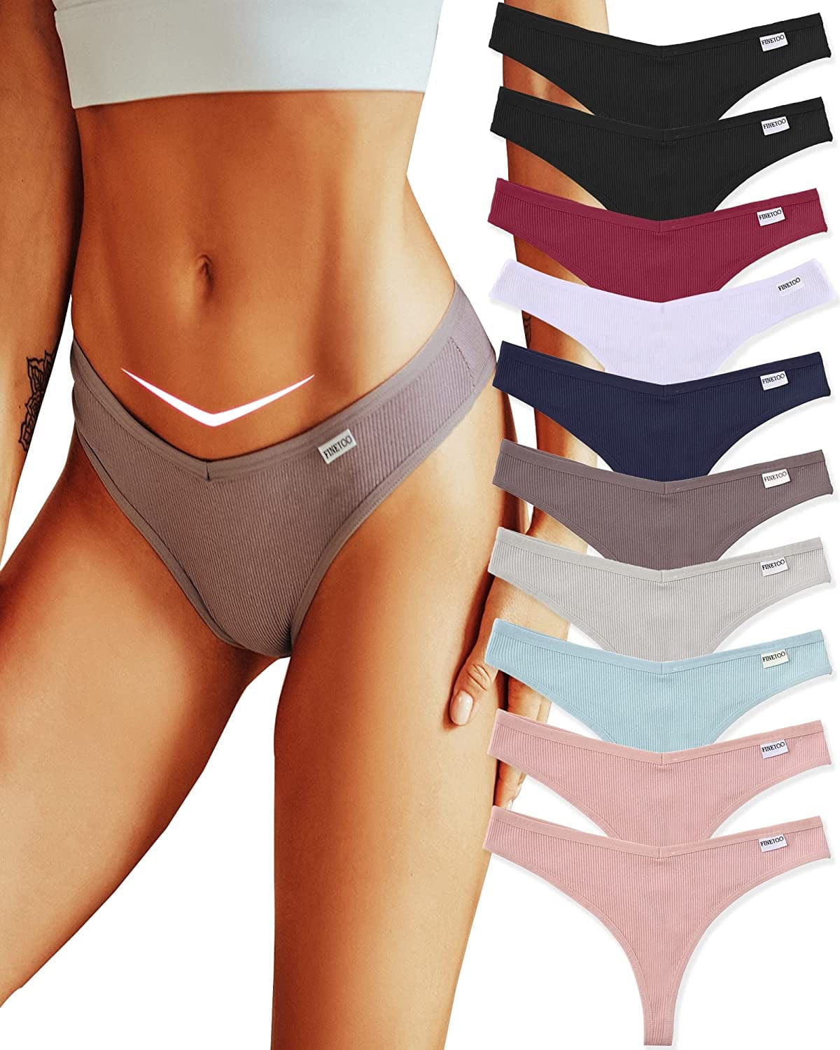 FINETOO 10 Pack Thongs for Women Cotton Underwear V String Breathable Stretch Hipster Sexy Thong Panties S-XL Thongs 10pack / Large