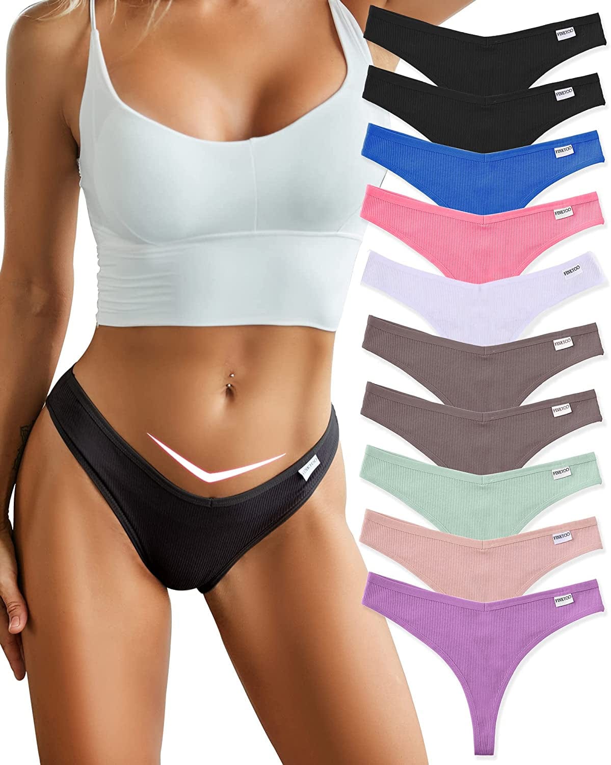 FINETOO 10 Pack Thongs for Women Cotton Underwear V String Breathable Stretch Hipster Sexy Thong Panties S-XL Thongs 10pack B / Large