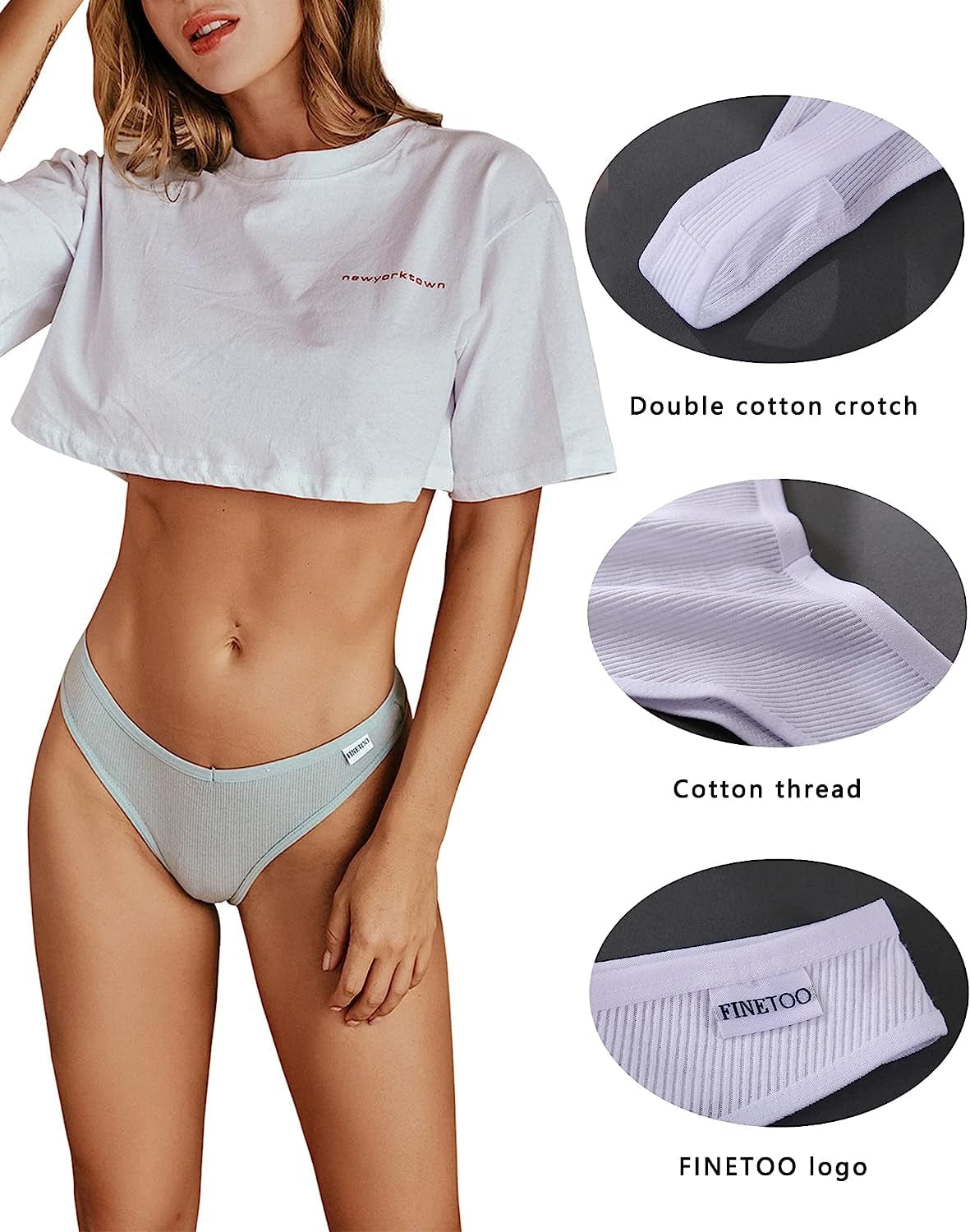 FINETOO 10 Pack Thongs for Women Cotton Underwear V String Breathable Stretch Hipster Sexy Thong Panties S-XL