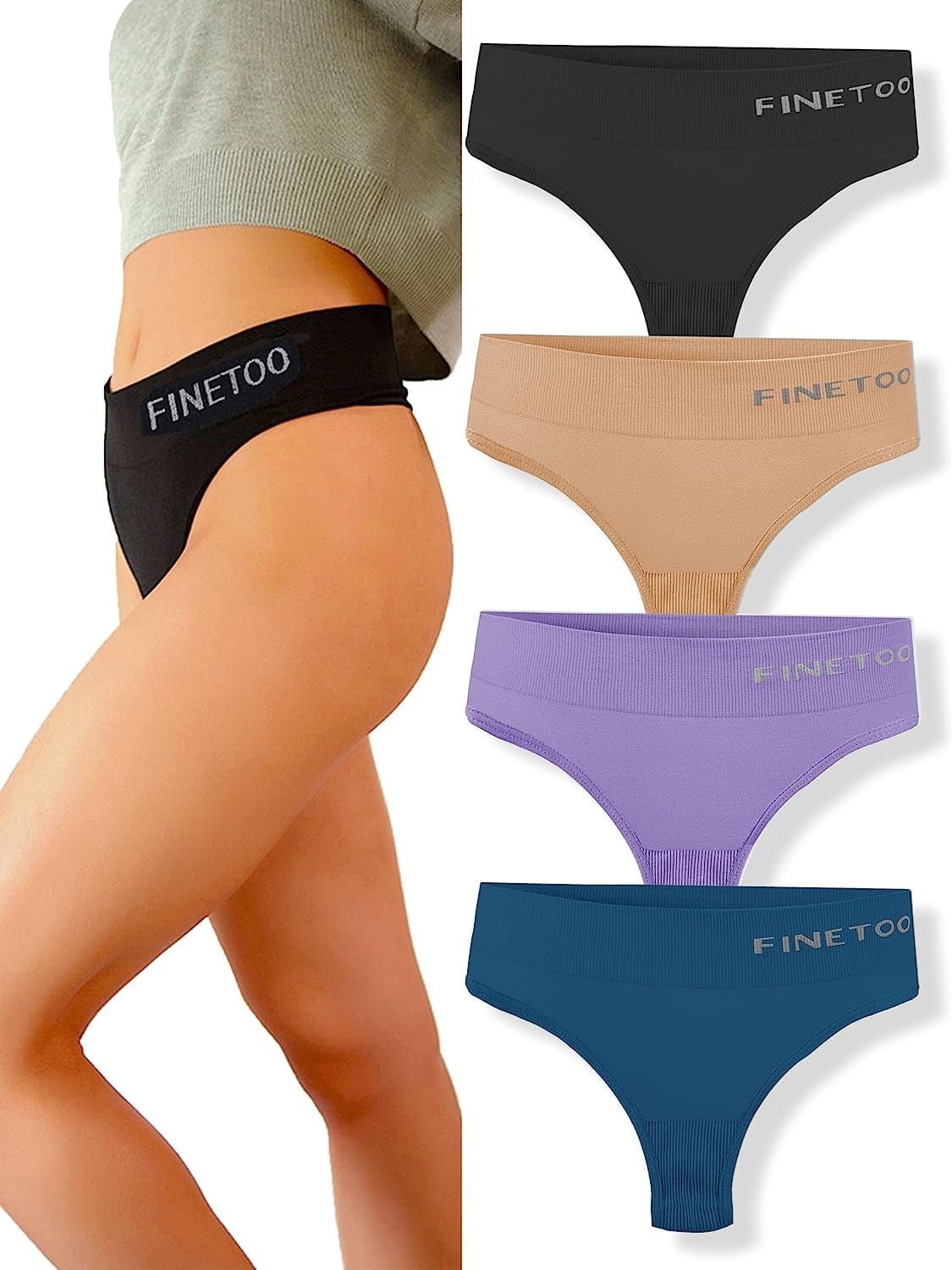 FINETOO 4 Pack High Waisted Thongs for Women, Breathable Underwear Soft Stretchy Nylon Spandex No Side Seam Panties 4 Pack E / Medium-Large