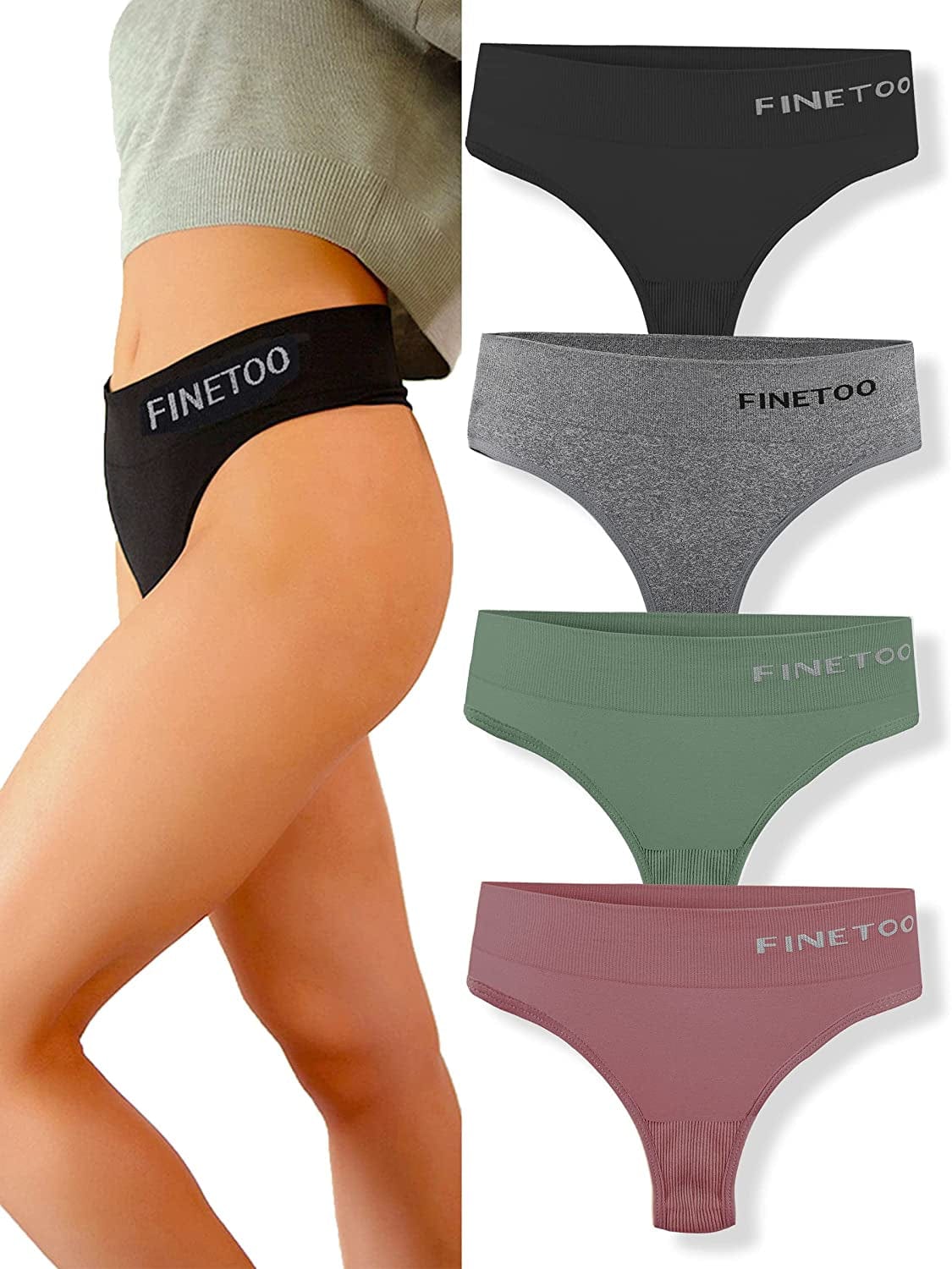 FINETOO 4 Pack High Waisted Thongs for Women, Breathable Underwear Soft Stretchy Nylon Spandex No Side Seam Panties 4 Pack F / Large-X-Large