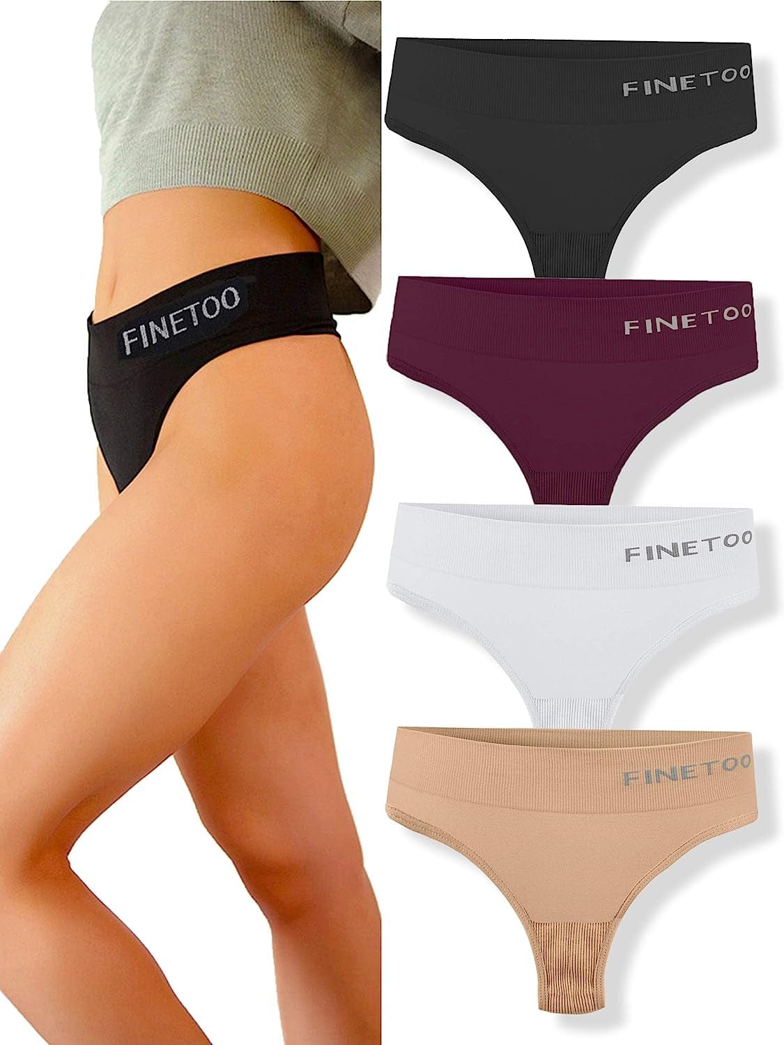 FINETOO 4 Pack High Waisted Thongs for Women, Breathable Underwear Soft Stretchy Nylon Spandex No Side Seam Panties 4 Pack B / X-Small-Small