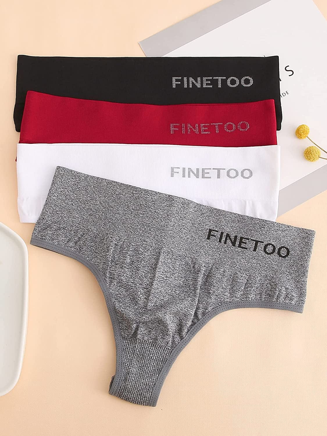 FINETOO 4 Pack High Waisted Thongs for Women, Breathable Underwear Soft Stretchy Nylon Spandex No Side Seam Panties