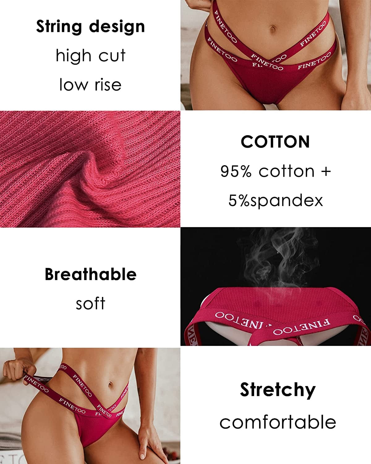 FINETOO 6 Pack Cotton Thongs for Women Cross Strap Panties Stretch Low Rise Hipster V String Underwear Sexy S-XL