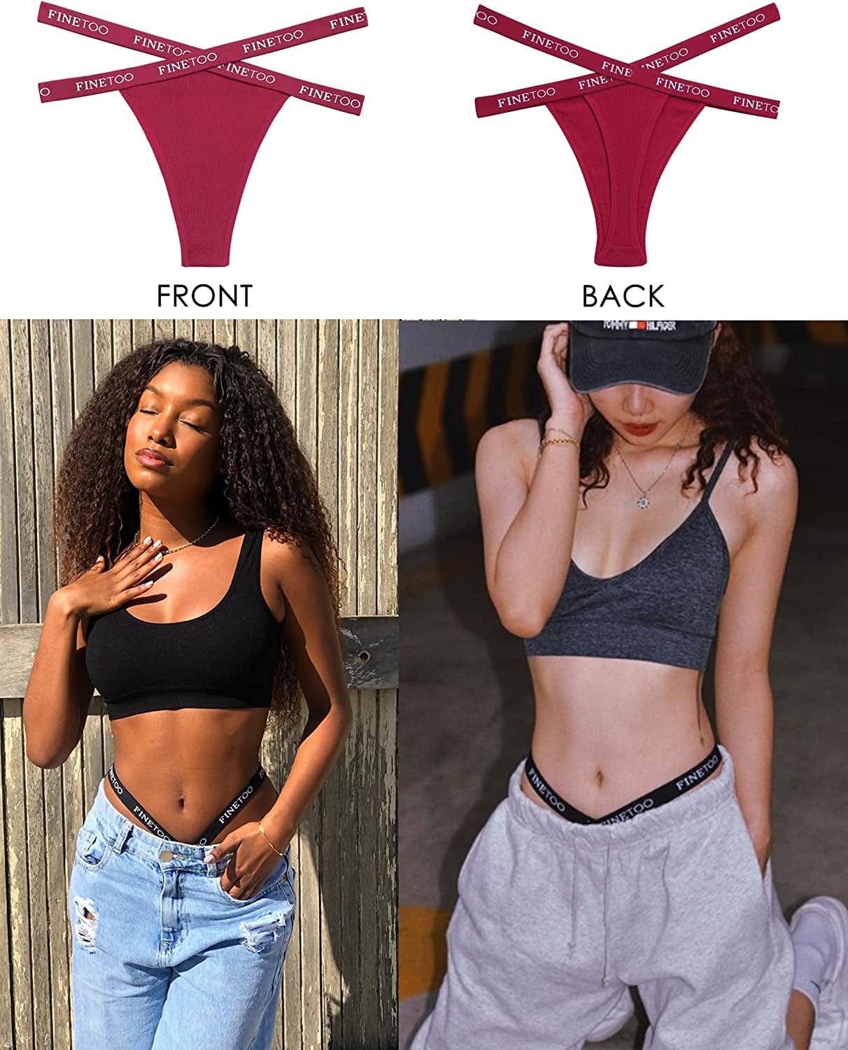 FINETOO 6 Pack Cotton Thongs for Women Cross Strap Panties Stretch Low Rise Hipster V String Underwear Sexy S-XL