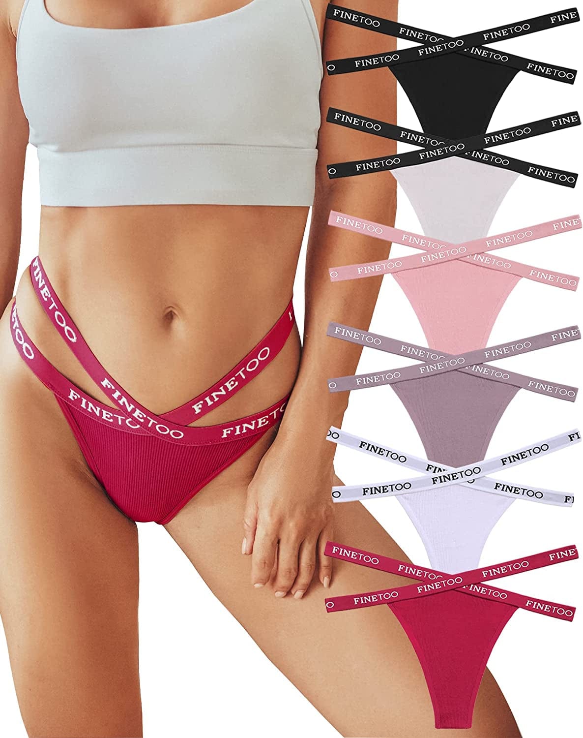 FINETOO 6 Pack Cotton Thongs for Women Cross Strap Panties Stretch Low Rise Hipster V String Underwear Sexy S-XL