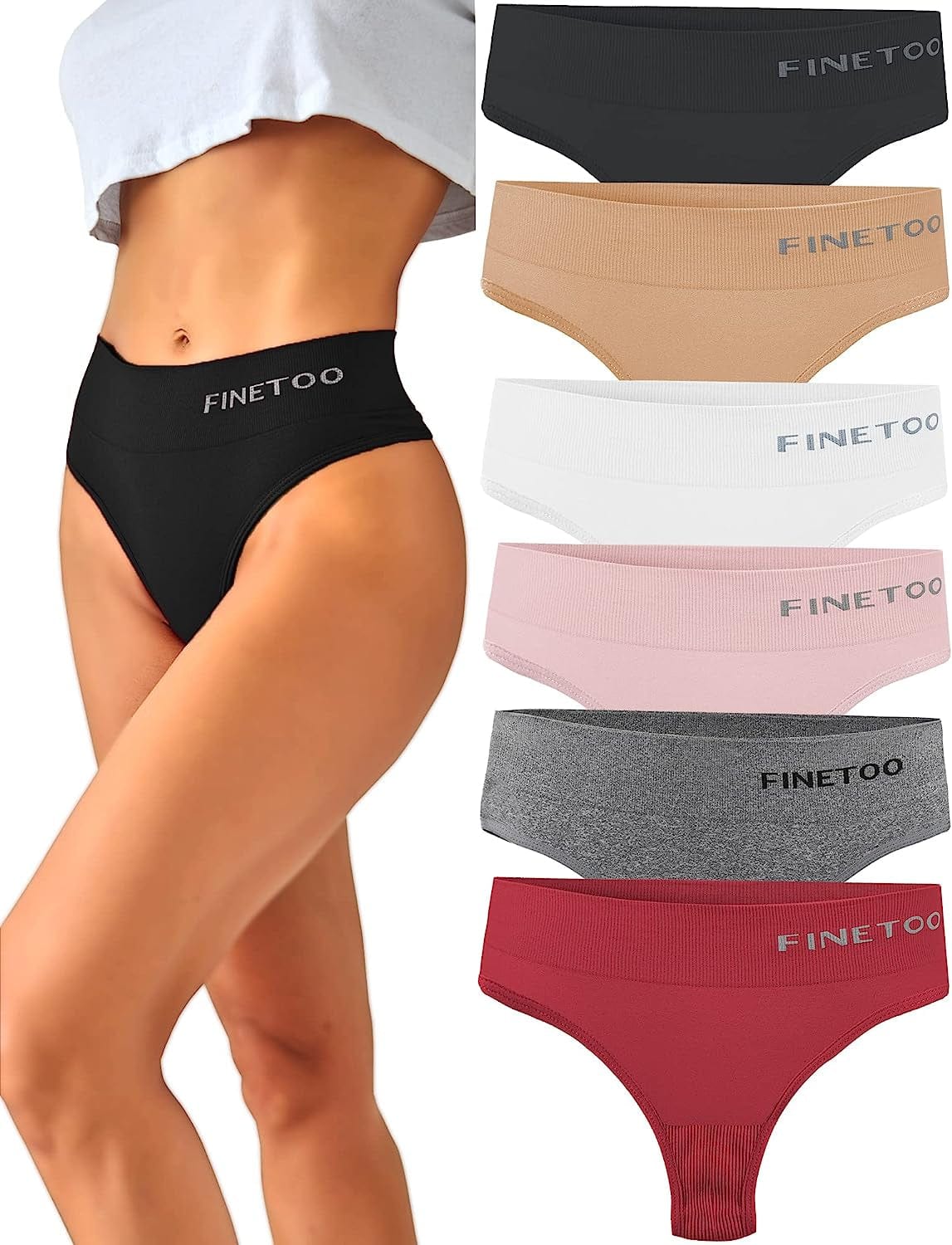FINETOO 6 Pack High Waisted Thongs for Women, Nylon Spandex Panties Breathable Soft Stretchy Underwear High Rise S-XL 6 Pack B / X-Small-Small