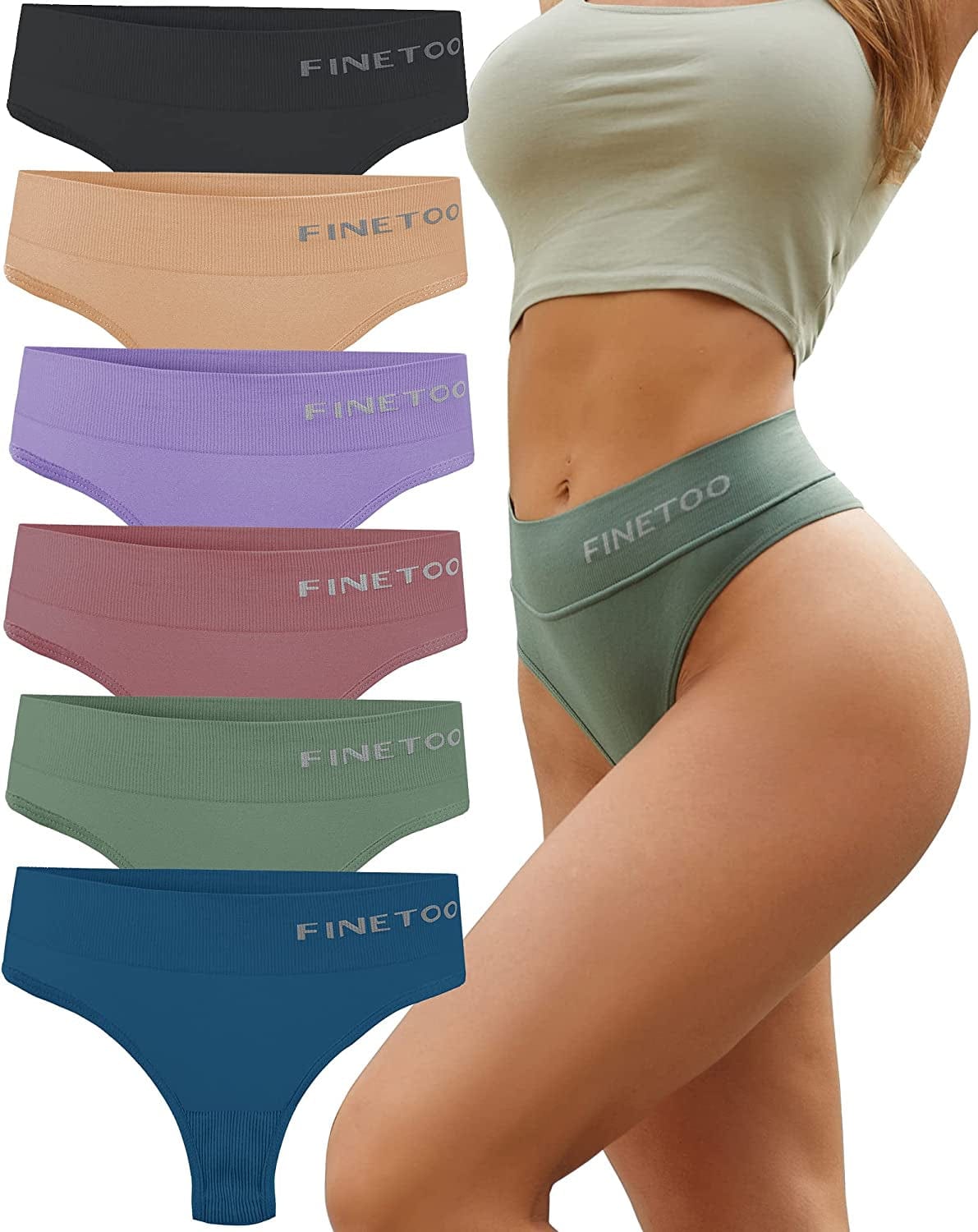 FINETOO 6 Pack High Waisted Thongs for Women, Nylon Spandex Panties Breathable Soft Stretchy Underwear High Rise S-XL 6 Pack D / X-Small-Small