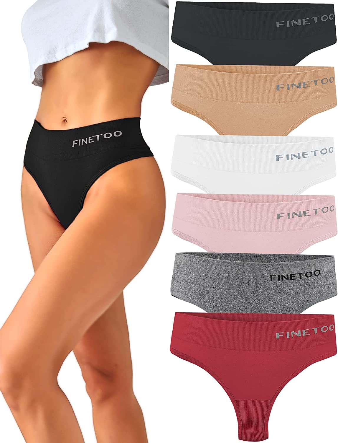 FINETOO 6 Pack High Waisted Thongs for Women, Nylon Spandex Panties Breathable Soft Stretchy Underwear High Rise S-XL 6 Pack B / Small-Medium