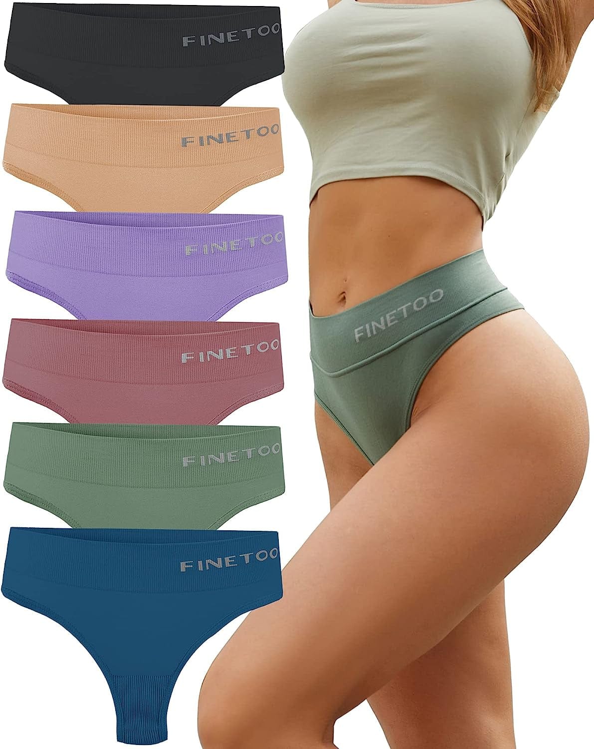 FINETOO 6 Pack High Waisted Thongs for Women, Nylon Spandex Panties Breathable Soft Stretchy Underwear High Rise S-XL 6 Pack D / Small-Medium