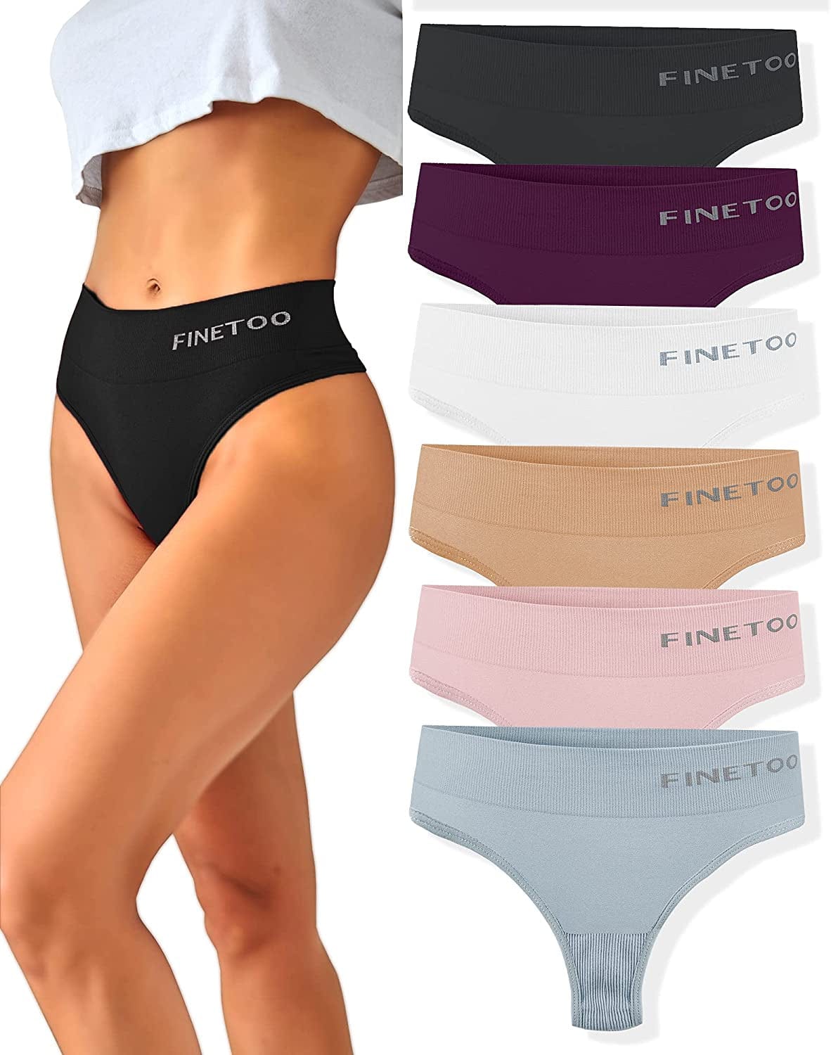FINETOO 6 Pack High Waisted Thongs for Women, Nylon Spandex Panties Breathable Soft Stretchy Underwear High Rise S-XL 6 Pack a / Small-Medium