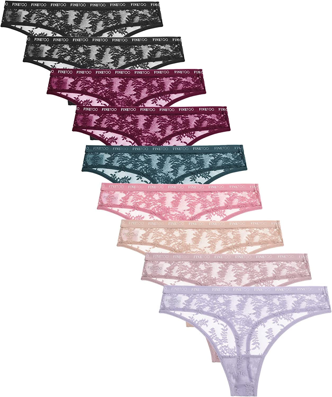 FINETOO 6 Pack Lace Thongs for Women Sexy High Waisted Thong Underwear Cute Breathable Stretch Hipster Tangas Panties S-XL 9 Pack a / Medium
