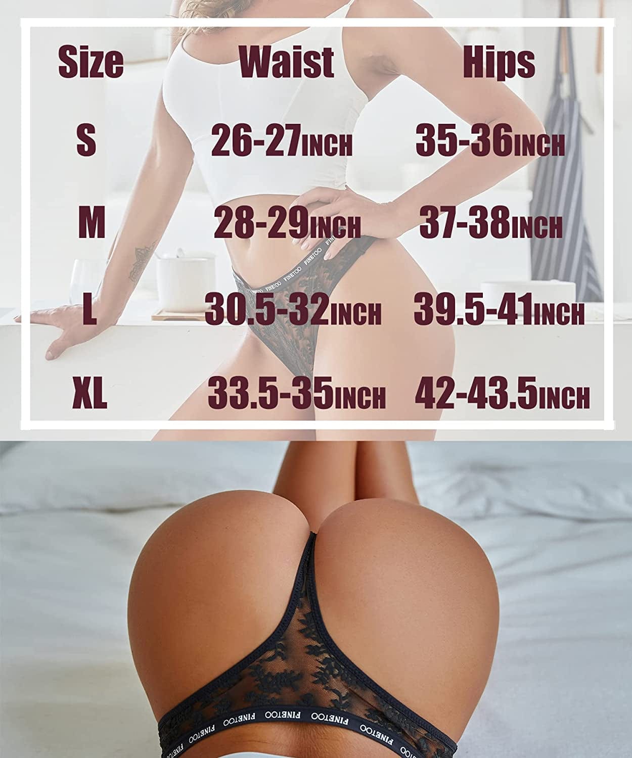 FINETOO 6 Pack Lace Thongs for Women Sexy High Waisted Thong Underwear Cute Breathable Stretch Hipster Tangas Panties S-XL