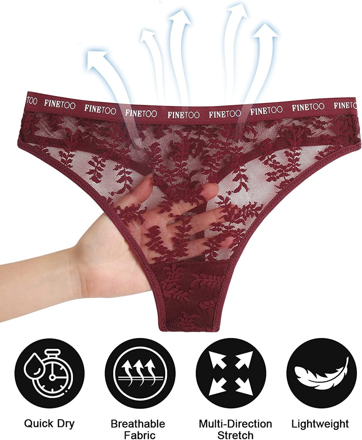 FINETOO 6 Pack Lace Thongs for Women Sexy High Waisted Thong Underwear Cute Breathable Stretch Hipster Tangas Panties S-XL