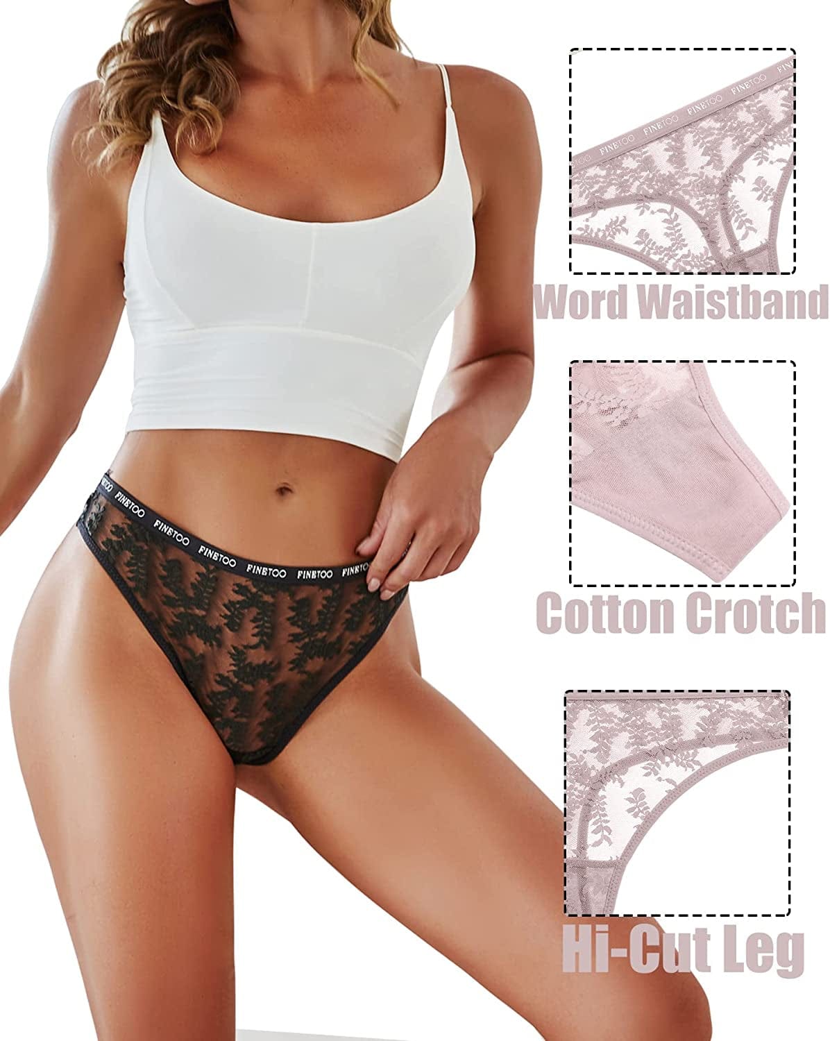 FINETOO 6 Pack Lace Thongs for Women Sexy High Waisted Thong Underwear Cute Breathable Stretch Hipster Tangas Panties S-XL