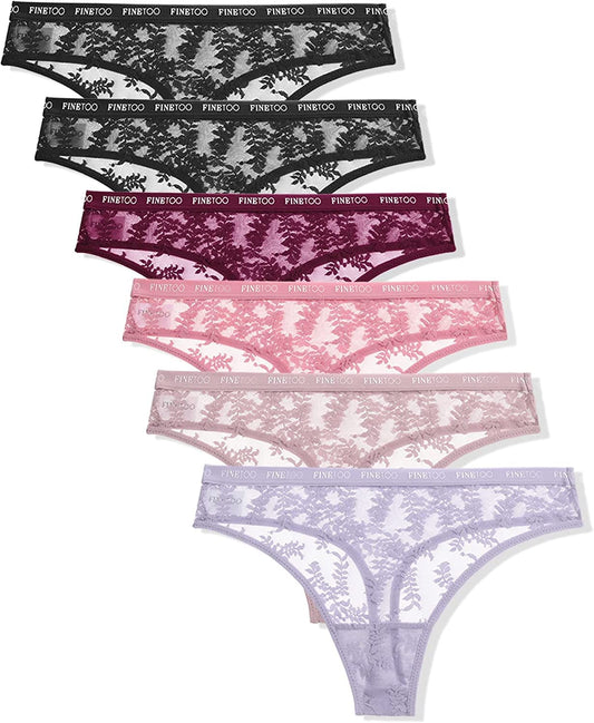 FINETOO 6 Pack Lace Thongs for Women Sexy High Waisted Thong Underwear Cute Breathable Stretch Hipster Tangas Panties S-XL 6 Pack a / Medium