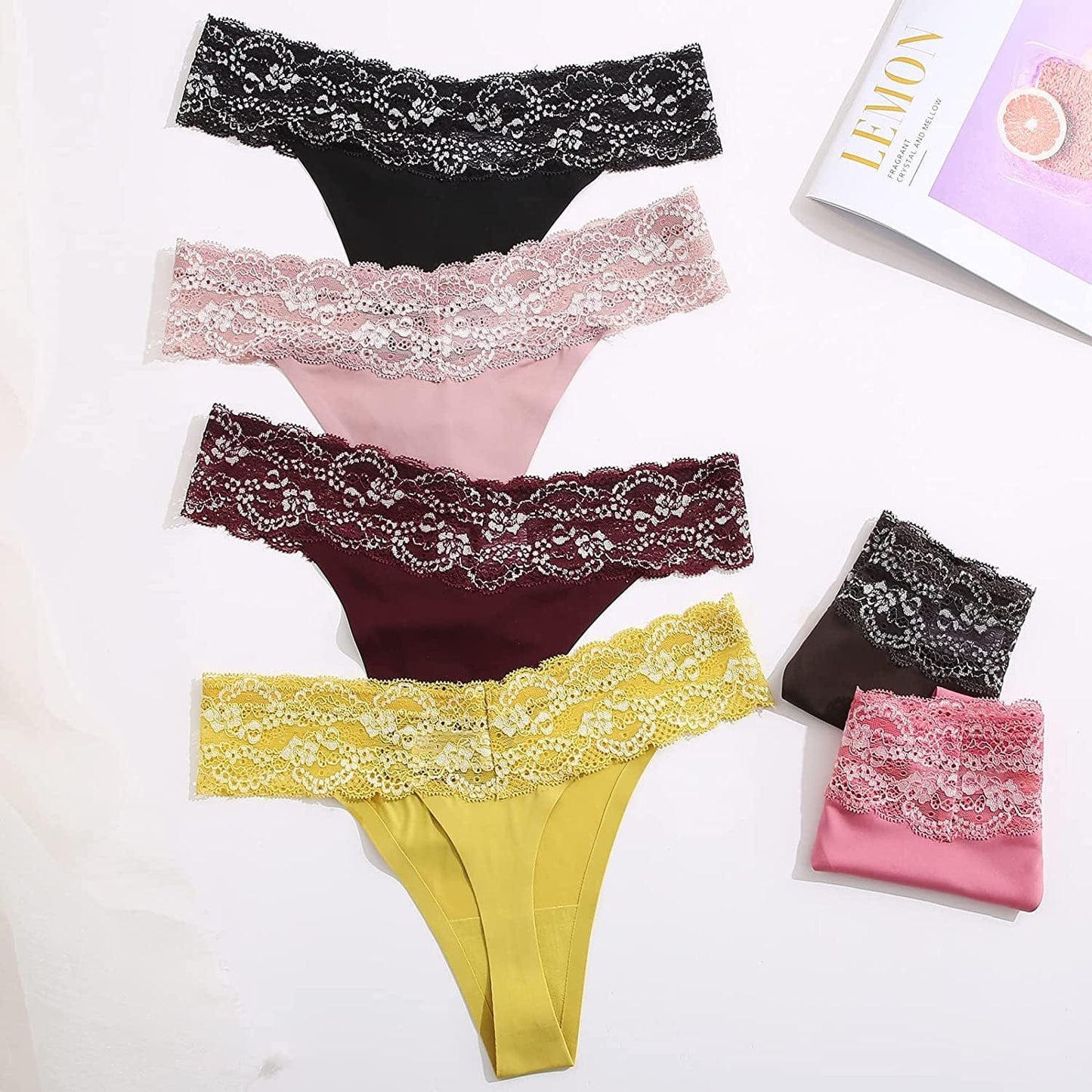 FINETOO 7 Pack Thongs for Women Sexy Panties Seamless Stretch Breathable No Show Lace Thong Underwear 7pack a / Medium