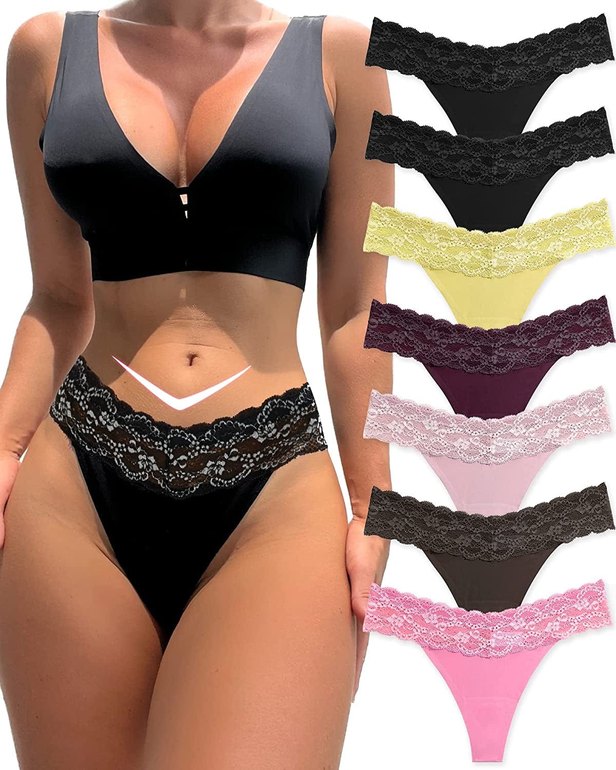 FINETOO 7 Pack Thongs for Women Sexy Panties Seamless Stretch Breathable No Show Lace Thong Underwear 7pack a / Medium