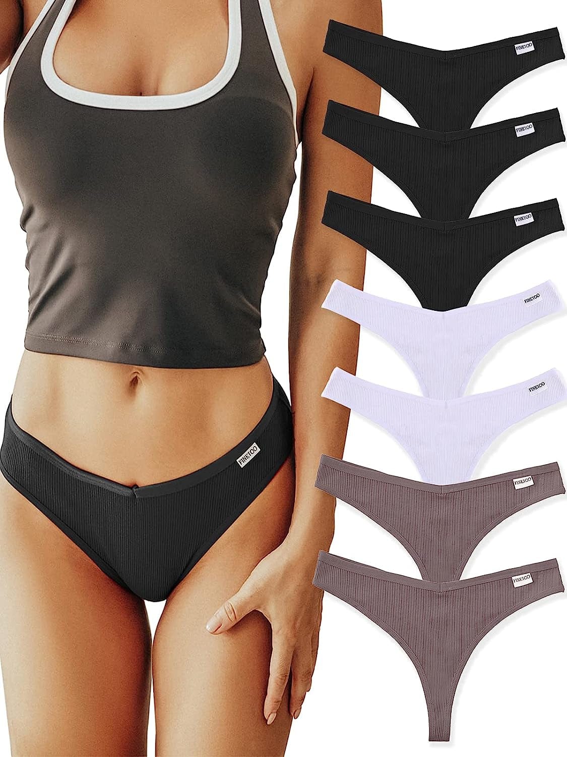 FINETOO 7 Pack Womens Thongs Underwear Cotton Breathable Low Rise Hipster Panties Sexy S-XL 7pack Thongs Sanse-k / Medium